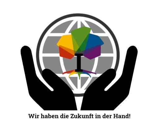 Zwei Hände umfassen eine Weltkugel, darauf das Baumlogo von Igersheim
