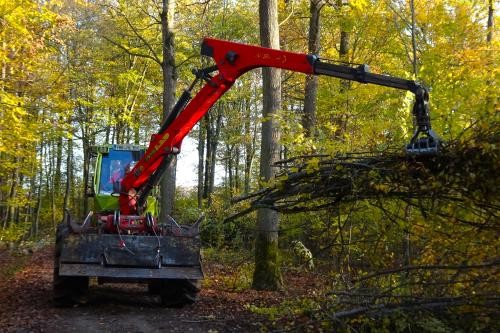 Ein Forstspezialschlepper mit Kran poltert am Waldweg mit seiner Greifzange grobes Reisig