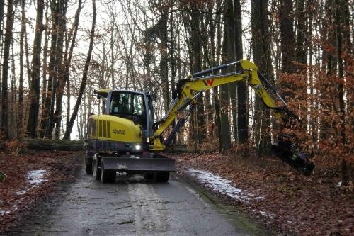 Radbagger mit Schere am Ausleger zwickt Strassenbewuchs ab