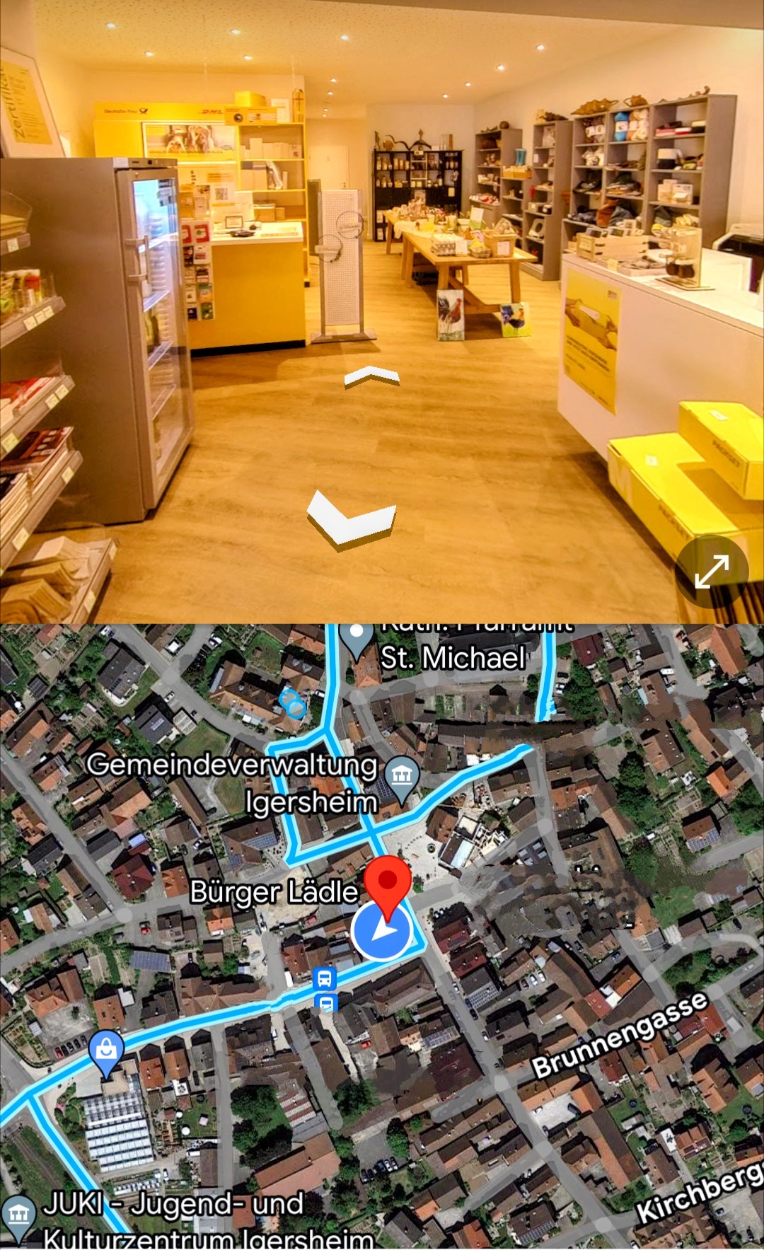Obere Bildhälfte: Innenansicht BürgerLädle - Untere Bildhälfte: Straßenansicht aus Google Maps